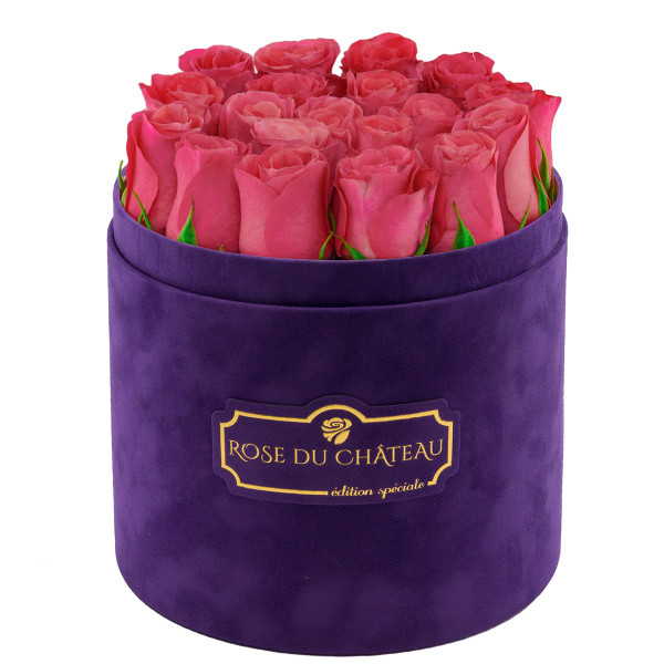 Edition Spéciale Fioletowy Flokowany Box z Różowymi Różami Żywymi