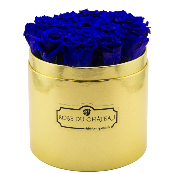 Niebieskie Wieczne Róże w Złotym Boxie