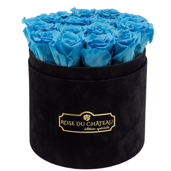 Błękitne Wieczne Róże w Czarnym Flokowanym Boxie