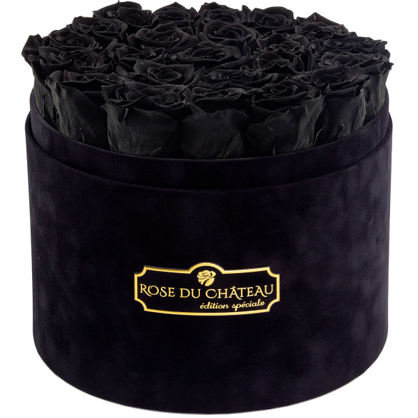Czarne Wieczne Róże w Czarnym Dużym Flokowanym Boxie