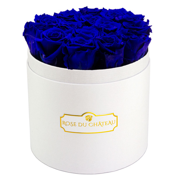 Niebieskie Wieczne Róże w Białym Okrągłym Boxie
