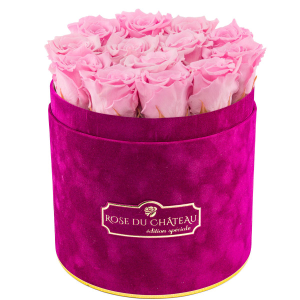 Bladoróżowe Wieczne Róże w Fuksjowym Flokowanym Flowerboxie