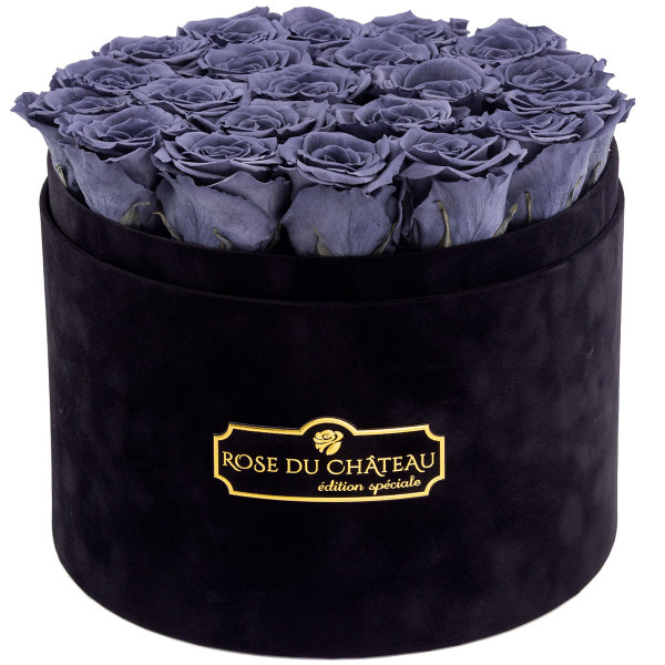 Szare Wieczne Róże w Czarnym Dużym Flokowanym Boxie
