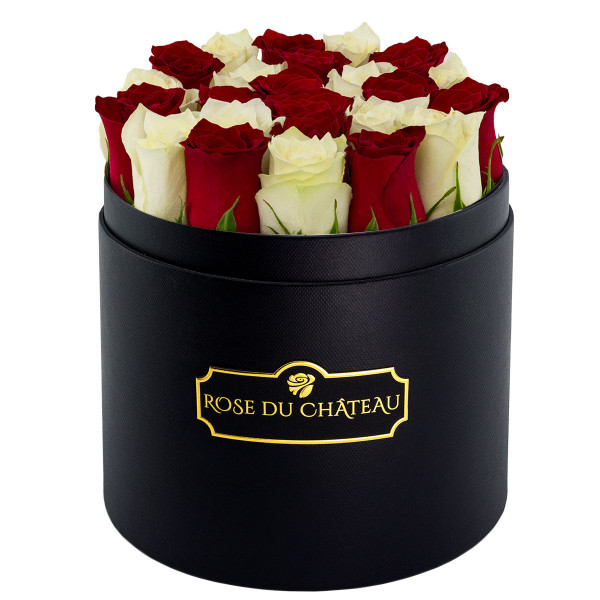 Białe & Czerwone Róże Żywe w Czarnym Okrągłym Boxie