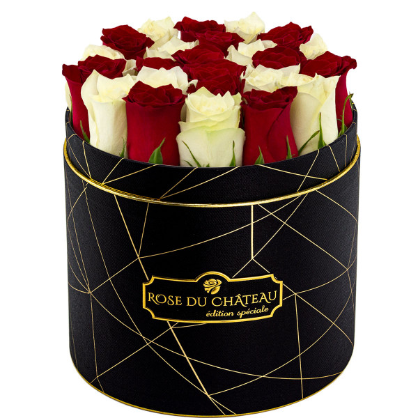 Édition Spéciale Czarny Industrialny Box z Białymi & Czerwonymi Różami Żywymi