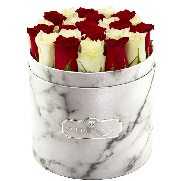 Édition Spéciale Biały Marmurowy Box z Białymi & Czerwonymi Różami Żywymi