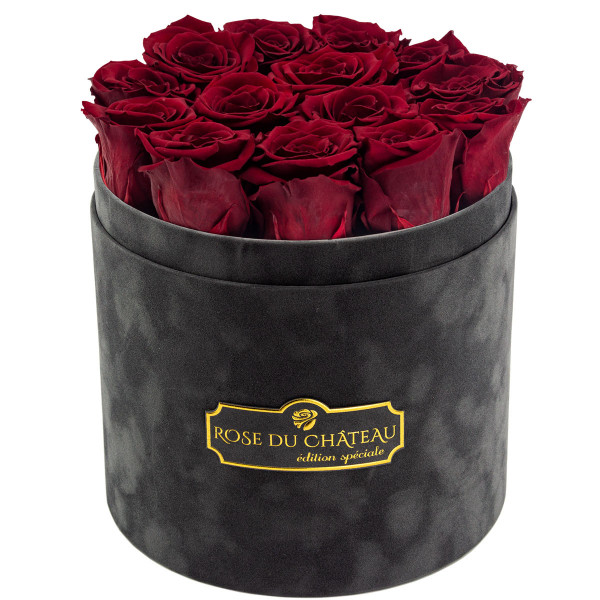 Czerwone Wieczne Róże w Antracytowym Flokowanym Boxie