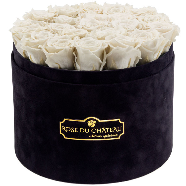 Białe Wieczne Róże w Czarnym Dużym Flokowanym Boxie