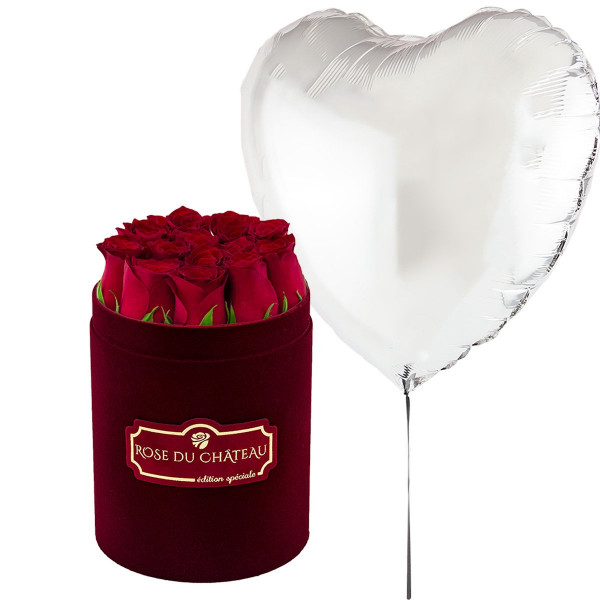 Srebrny Balon Serce & Mały Flokowany Flowerbox z Czerwonymi Różami Żywymi
