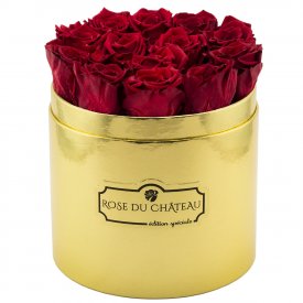 Czerwone Wieczne Róże w Złotym Boxie