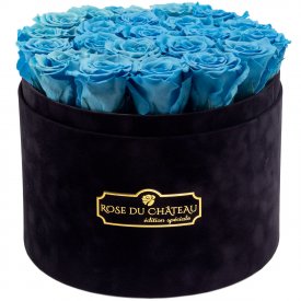 Błękitne Wieczne Róże w Czarnym Dużym Flokowanym Boxie