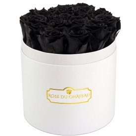 Czarne Wieczne Róże w Białym Okrągłym Boxie