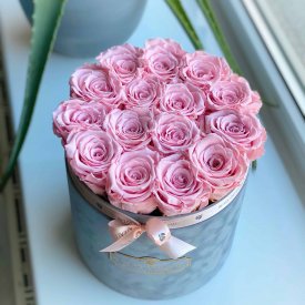 Bladoróżowe Wieczne Róże w Antracytowym Flokowanym Boxie