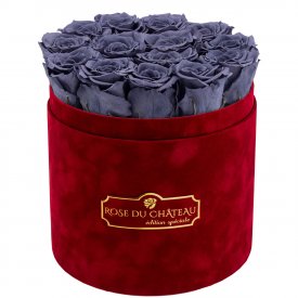 Szare Wieczne Róże w Bordowym Flokowanym Boxie
