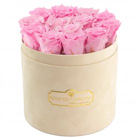 Bladoróżowe Wieczne Róże w Beżowym Flokowanym Boxie