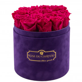 Różowe Wieczne Róże w Fioletowym Flokowanym Boxie