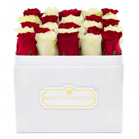 Białe & Czerwone Róże Żywe w Białym Kwadratowym Boxie