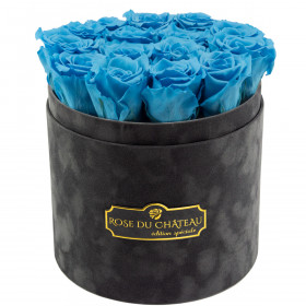 Błękitne Wieczne Róże w Antracytowym Flokowanym Boxie