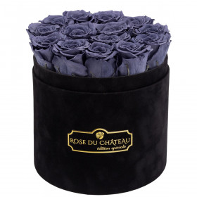 Szare Wieczne Róże w Czarnym Flokowanym Boxie