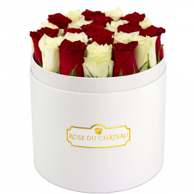 Białe & Czerwone Róże Żywe w Białym Okrągłym Boxie