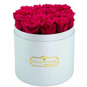 Różowe Wieczne Róże w Błękitnym Boxie