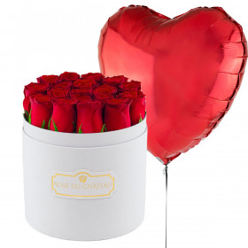 Czerwony Balon Serce & Biały Okrągły Box z Czerwonymi Różami Żywymi