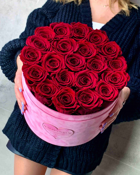 Rose eterne rosse in flowerbox floccato rosa grande - LOVE EDITION