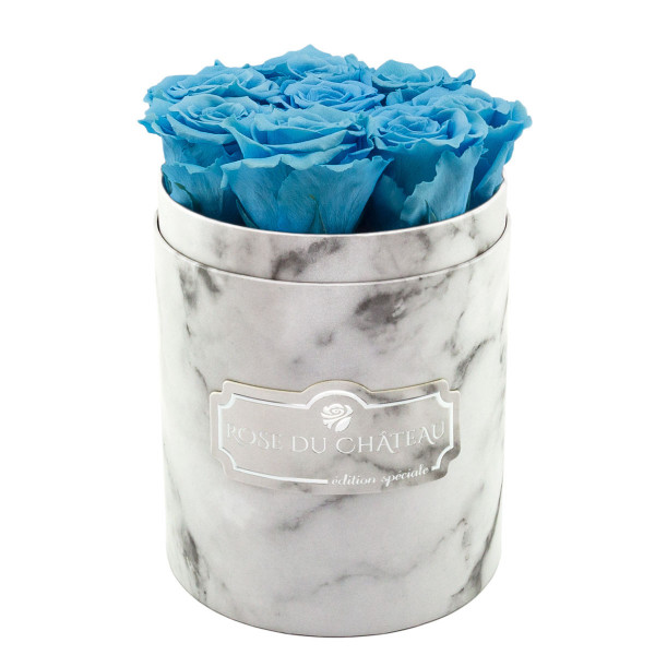 Rose eterne azzurre in flowerbox marmo bianco piccolo
