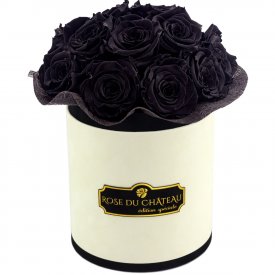 Rose eterne rosse bouquet in flowerbox tondo nero