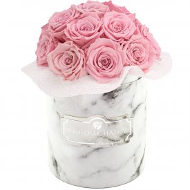 Rose eterne rosa mazzo in flowerbox marmo bianco piccolo