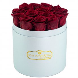 Rose eterne rosse in flowerbox azzurro