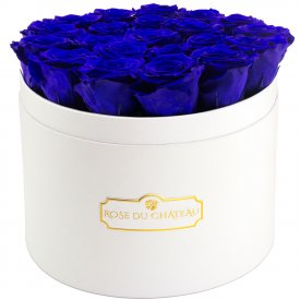 Blaue Ewige Rosen in weißer  Rosenbox Large