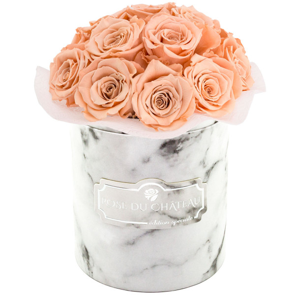 Teefarbene Ewige Rosen Bouquet in weißer marmortieren Rosenbox