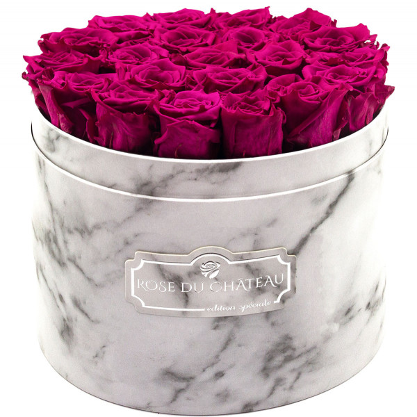 Rosafarbene Ewige Rosen in weißer marmorierter Rundbox Large