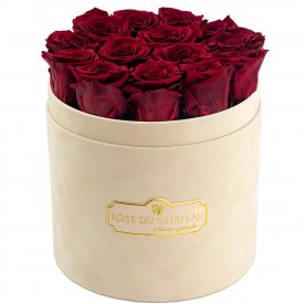Rote Ewige Rosen in beigefarbiger beflockter Rosenbox