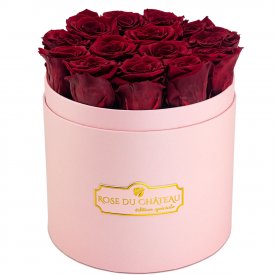 Rote Ewige Rosen in rosafarbener Rosenbox