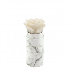 Weiße Ewige Rosen in weißer marmorierter Mini Rundbox