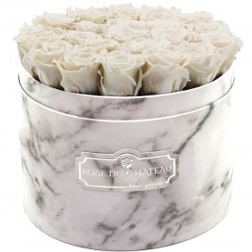 Weiße Ewige Rosen in weißer marmorierter Rundbox Large
