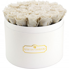 Weiße Ewige Rosen in weißer Rosenbox Large