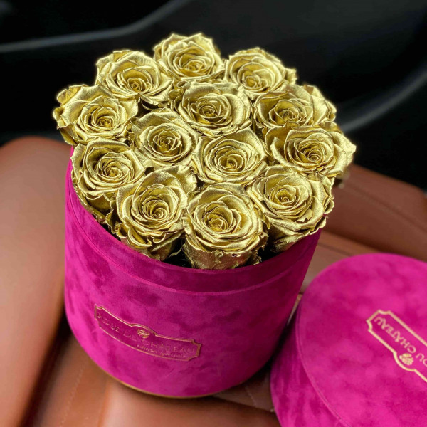 Eternity Golden Roses & Fuchsia Flocked Flowerbox