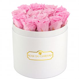 Roses Éternelles Roses Pâles Dans Une Flowerbox Ronde Blanche