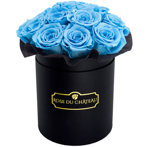 Modré věčné růže bouquet v černém flowerboxu