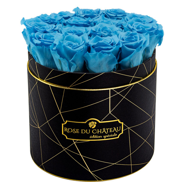Modré věčné růže v černém industrial flowerboxu