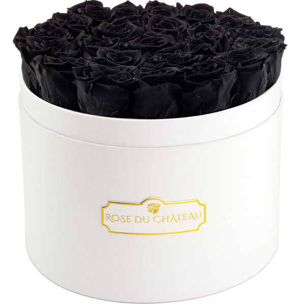 Černé věčné růže ve velkém bílém flowerboxu
