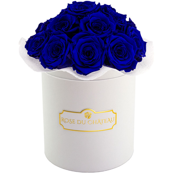 TMAVĚ MODRÉ věčné růže bouquet v malém BÍLÉM flowerboxu