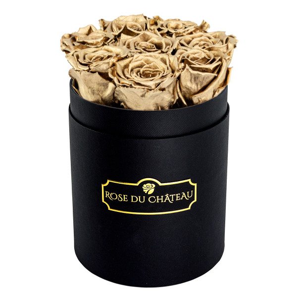 Zlaté věčné růže v malém černém flowerboxu
