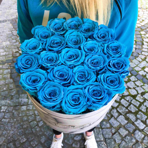 Modré věčné růže ve velkém bílém mramorovém flowerboxu