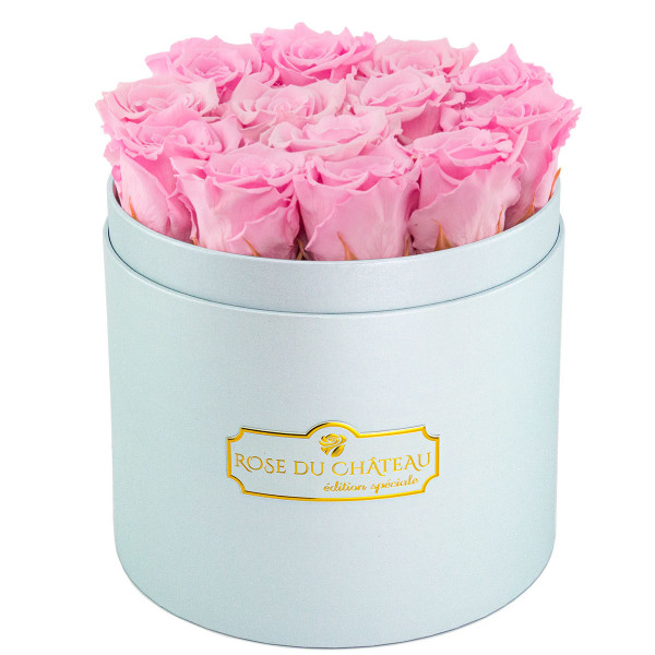 Světle růžové věčné růže v modrém flowerboxu