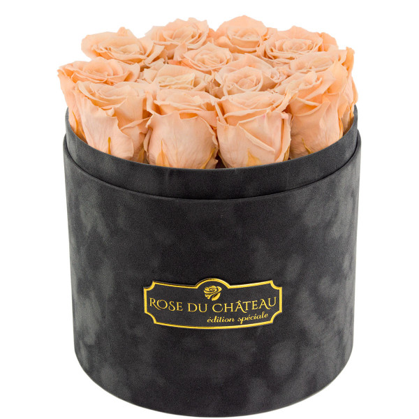 Čajové věčné růže v šedém semišovém flowerboxu