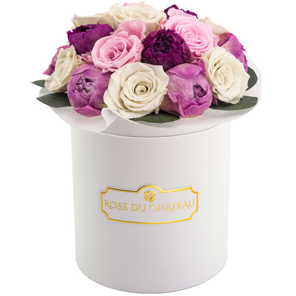 White Pastel Bouquet v bílém flowerboxu